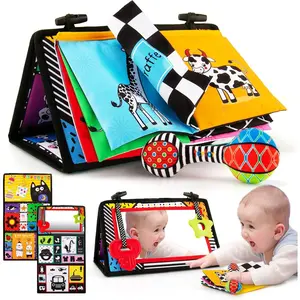 3-in-1 Tummy Time Mirror with Soft Crinkle 3D Activity Book, Teethers, Rattle - High Contrast Black and White  Baby Crawling Toys Developmental Newborn Infant Sensory Toys Gift 0-12 Months