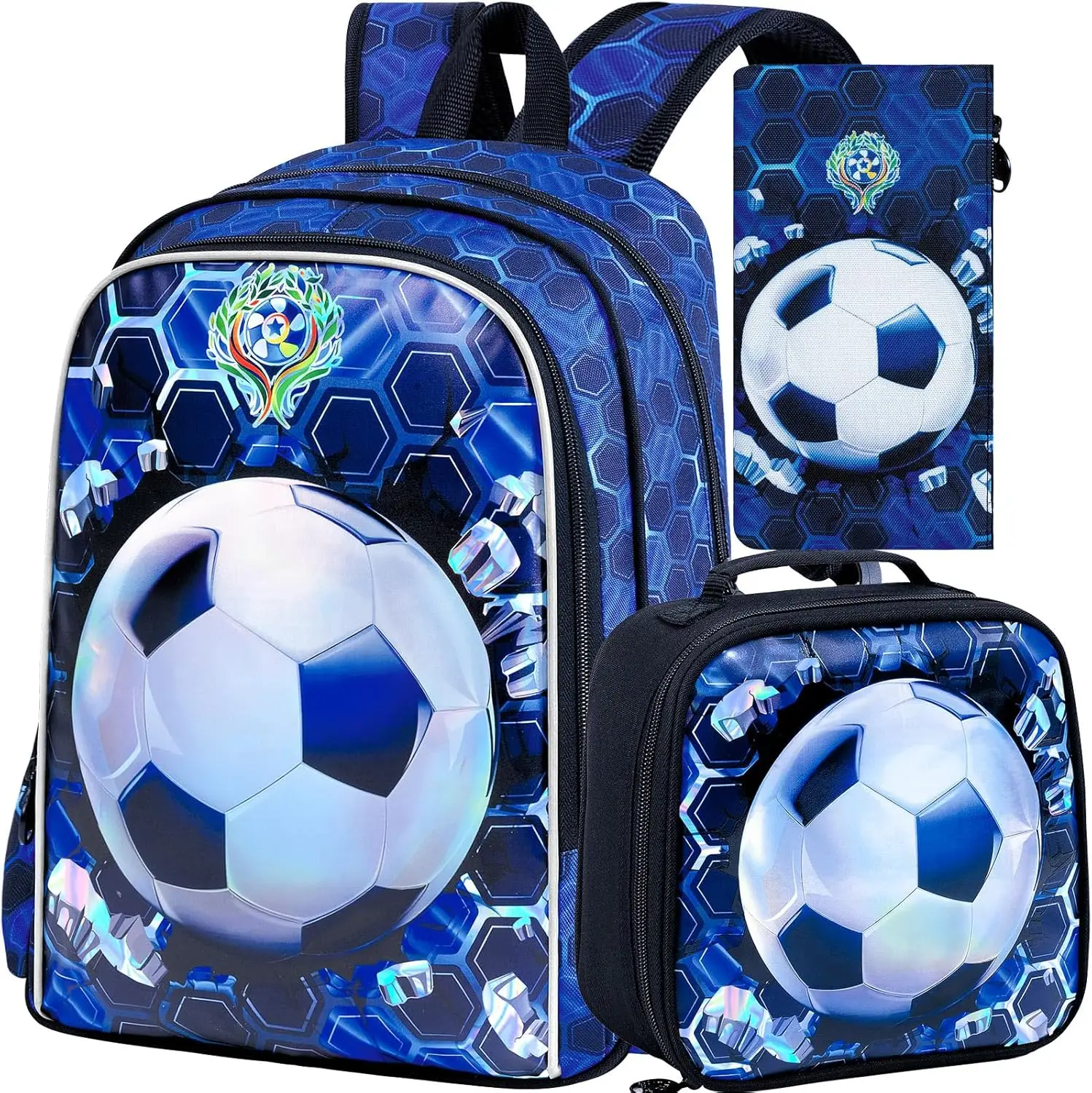 3PCS Football Backpack for Boys, 16'' Kids Soccer Bookbag with Lunch Box, Water Resistant School Backpacks for Preschool Elementary Kindergarten Trave