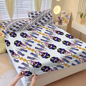 Neon Hip Hop Skull Fitted Sheet Set, 1 Fitted Sheet and 2 Pillowcases, Hip-hop Imagery Skulls & Dollar Signs, Gold Coins, Soft Anti-Slip Wrinkle Resistant, Street Style Bedroom Decor Gift Choice