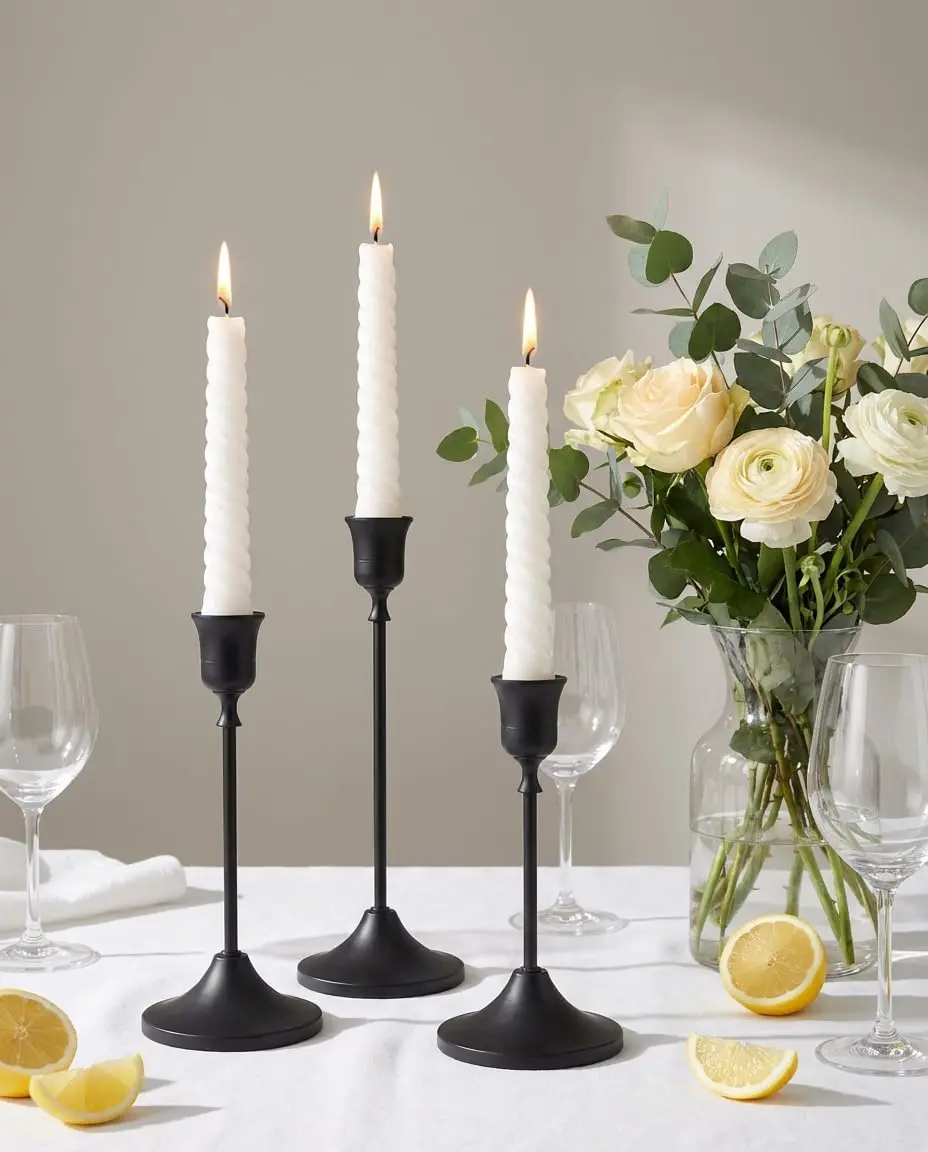 Black Taper Candle Holders Set of 3, Metal Vintage Candlestick Stands for Dining Table Centerpiece, Wedding Decor, Fireplace Mantel, Housewarming Gift