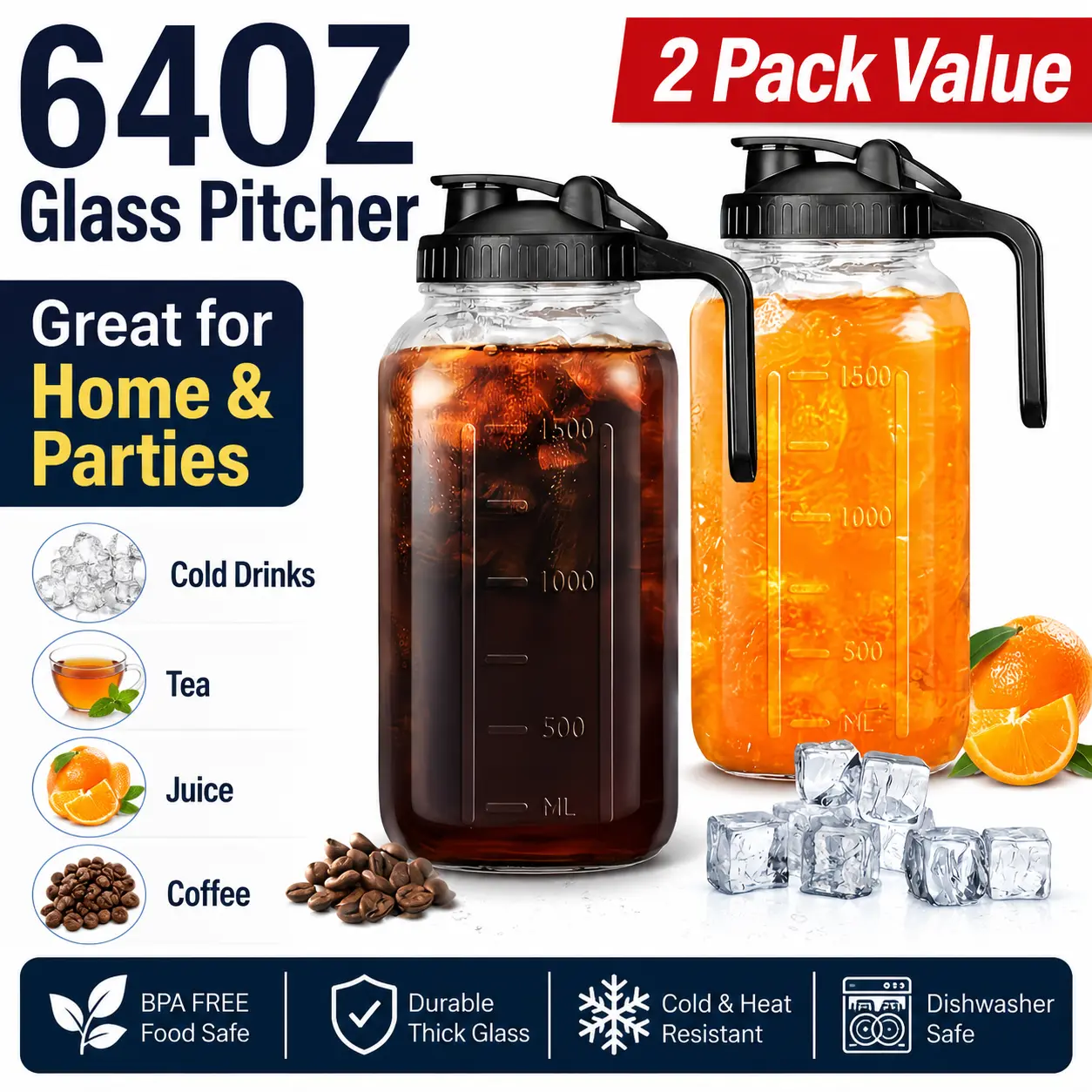 64Oz High quality Glass Mason Jar Drinkware with Handle, Lid - 2Pack BPA-Free Leak-Proof Jugs, Sports & Outdoor Beverage Container for Ramadan, Christmas