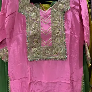 Punjabi Suit with salwar  Pants and Dupatta 3 Piece Set for Women Pink Color with Mirror and lacework  Traditional Silk