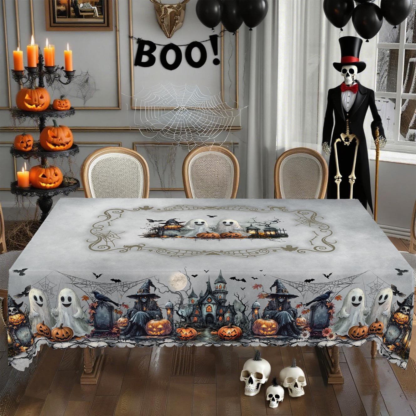 BOOPBEEP Halloween Printed Tablecloth - Vintage Farmhouse Style, Pumpkin & Black Cat Patterns, Rectangular/Round Dining/Kitchen Cover, Nostalgic Halloween Decor, Brunches Indoors Use, Holiday Gift, Pumpkin Ghost Pattern Kitchen Linen Sets, Decoration, Ind