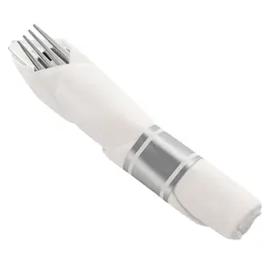 Silver Plastic Cutlery in White Napkin Rolls Set - 10 Napkins, 10 Forks, 10 Knives, 10 Spoons and 10 Paper Rings