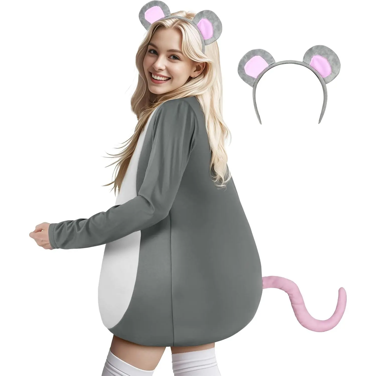 Adult Mouse Costume for Women Halloween Cuddly Rat Costume with Mouse Ears Headband