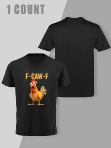 Men's Funny Rooster 'F-CAW-F' Graphic Short Sleeve Fitted T-Shirt, Multiple Colors Available Casual Comfortable Tee with Cartoon Chicken Print, Top for Humor Enthusiasts & Daily Wear