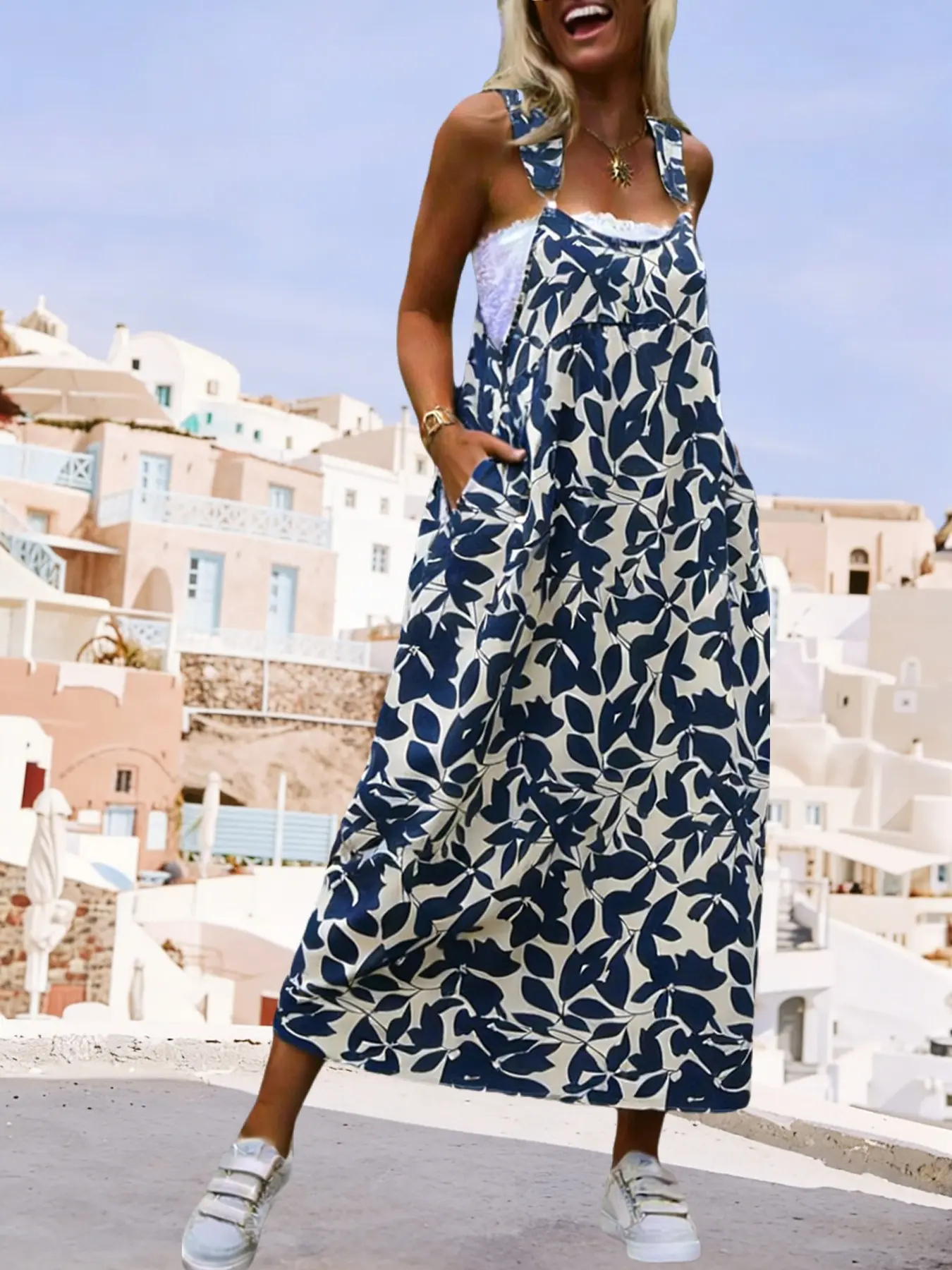 Plus Size Women's Maxi Suspender Sleeveless Dress, Casual Wear Boho Bohemian Floral Print Long Dress for Spring & Summer Beach Vacation, Loose Fit with Pockets