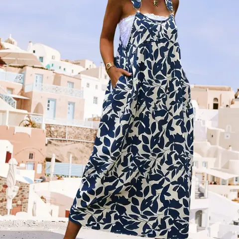 Plus Size Women's Maxi Suspender Strap Sleeveless Dress, Casual Wear Boho Bohemian Floral Print Long Dress for Spring & Summer Beach Vacation, Loose Fit with Pockets