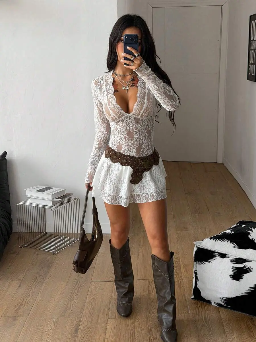 Bohemela Vintage Lace V-Neck White Long Sleeve Mini Ruffle Dress for Going  Out and Rave - TikTok Shop
