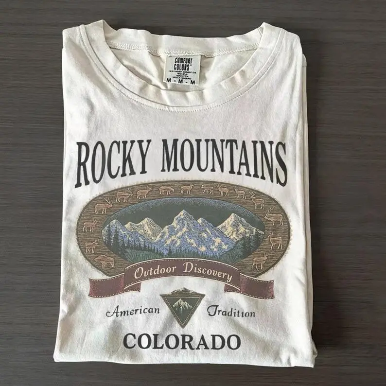 Comfort Colors Vintage Rocky Mountains Colorado T-shirt Outdoor Discovery Graphic Tee 90s Mountain Hiking Tshirt Ivory Nature Top	