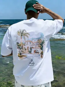 Amalfi Coast Landscape Print T-Shirt, Summer Loose Fit Oversize Short Sleeve Top, Casual Fashion for Men and Women