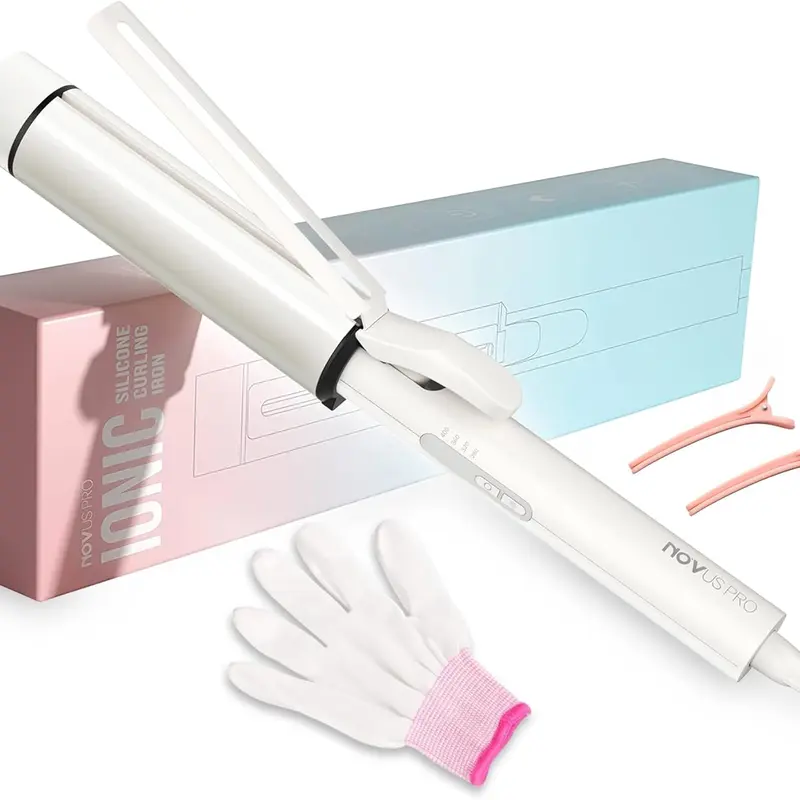 NOVUS 1.5in Ceramic Tourmaline Manual Curling Wand - 90W Curling Irons, Hair Curler for US Adults, 4 Heat Levels, Frizz Control, 2 Clips, Silicone Adjustable Comfort Tool, White Barrel for All Hair Types & Daily Hairstyles