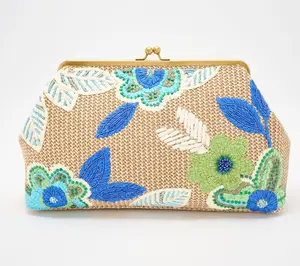 American Leather Co. Grace Embroidered Raffia Clutch