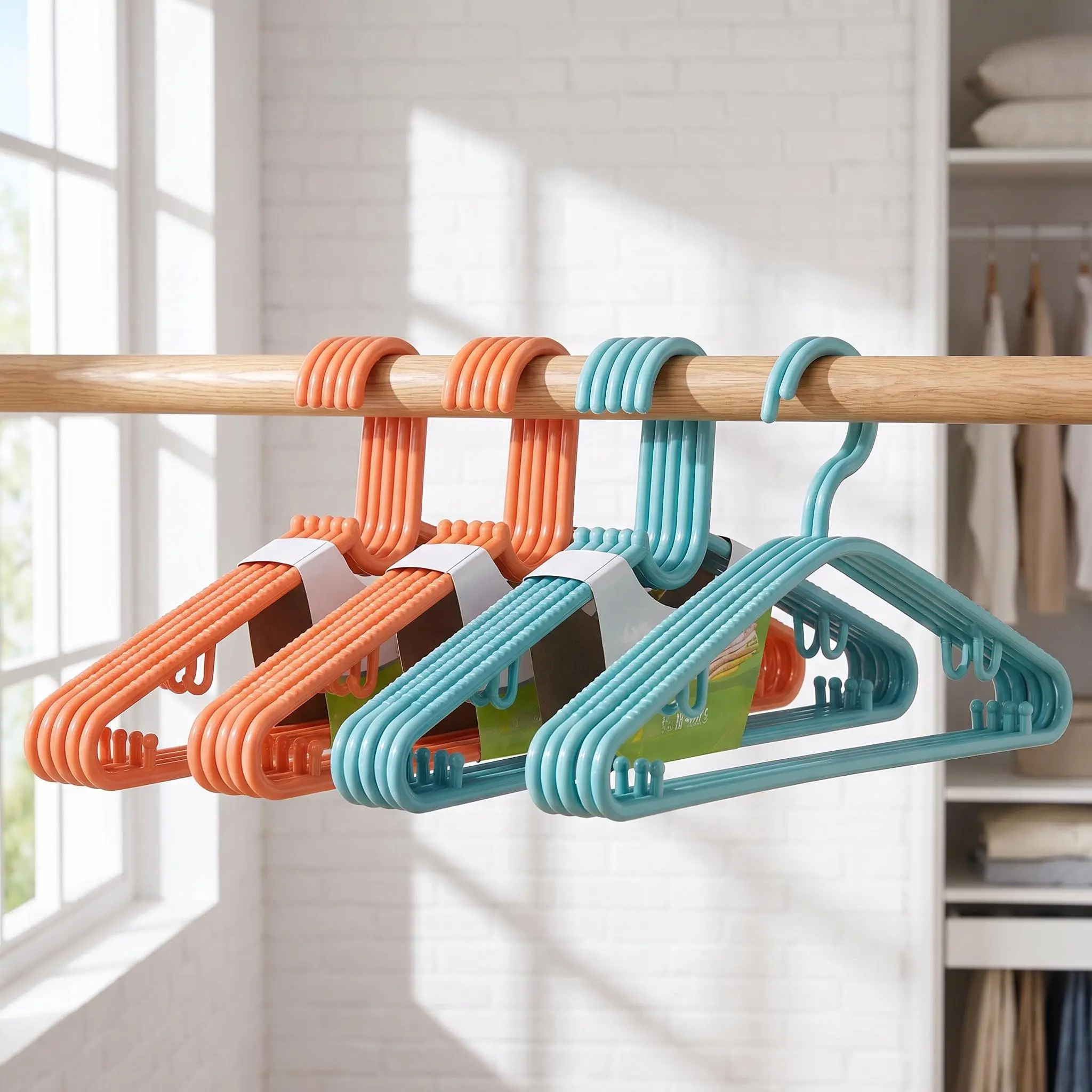 Heavy Duty Non-Slip Plastic Hangers & Pegs, 5-Piece 16.5-Inch Wide Shoulder Hangers with Thick Anti-Slip Coat Hooks, 3-Color Wardrobe Organizers for Dorm, Retail Clothing Shop, Non-Slip Hangers & Pegs