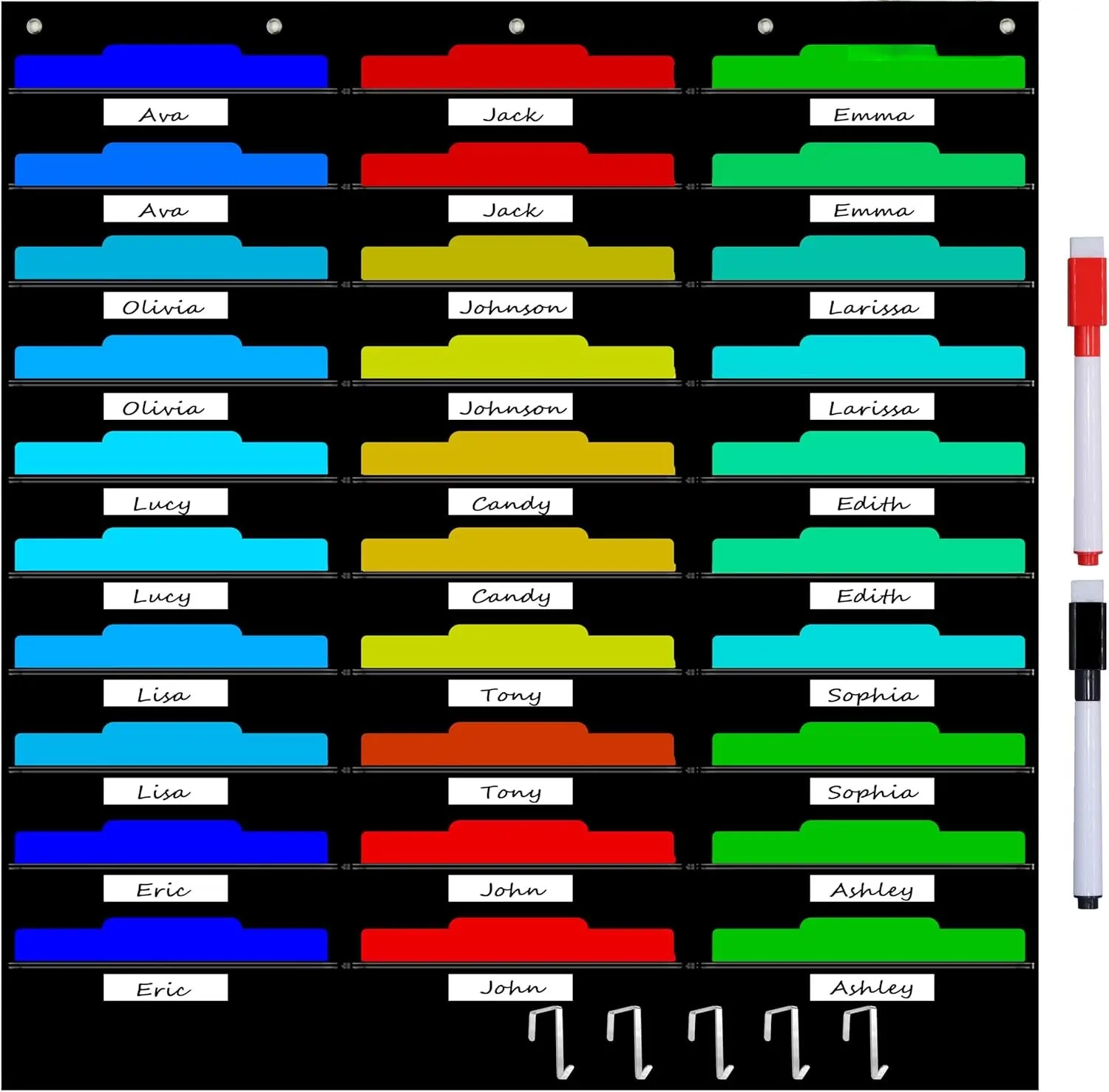 Heavy Duty 420D Ballistic Nylon Vertical Pocket Chart - 13.9” Width, 42” H, 7” Depth Desk Organizer, 30 File Pockets, 30 Dry-Erase Cards, 5 Over-The-Door Hooks, 8 Wall Hooks for Teacher Classroom & Dorm Storage