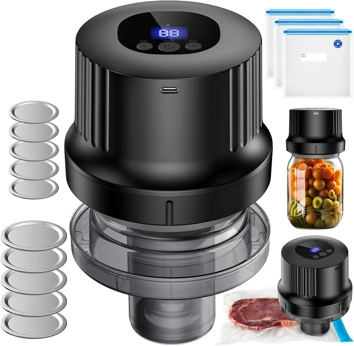 Mason Jar Vacuum Sealer Upgraded 3-in-1 Multi-Function Electric Sealer Kit with 5 Wide-Mouth & 5 Regular-Mouth Lids Wine Stopper Bottle Opener Vacuum Bag Charging Cable User Guide for Food Storage Wine Preservation