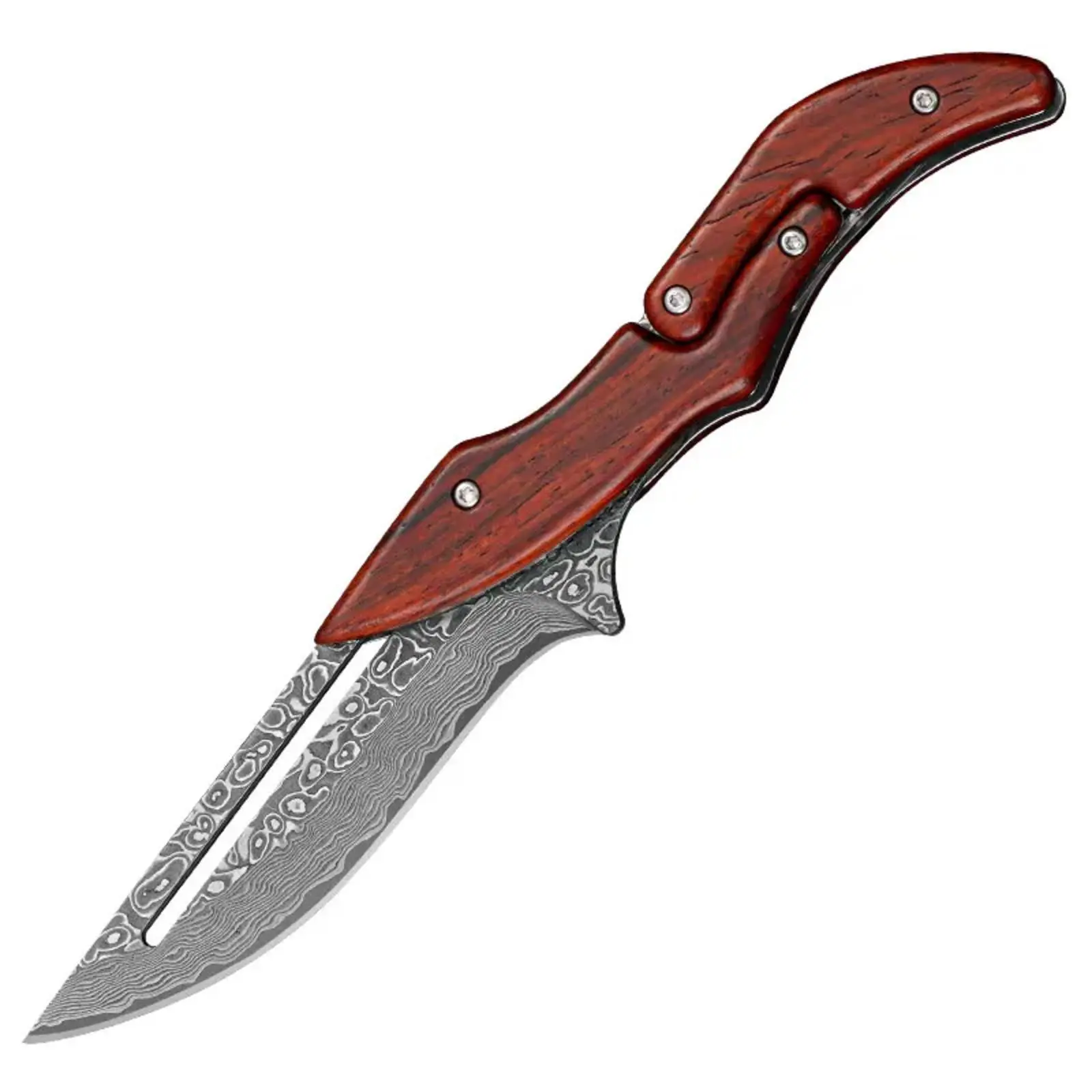 Damascus Steel Folding Knife With Wood Handle-Mechanical Magic Pocket Knife , Kitchen Peeling Tool ,Outdoor Camping  Fishing Folding Knife,Slicing Food, Kitchen Accessories, Multipurpose Knife,Unique Gift,Practical Knifes，Coolgadgets，Unique trendy  knife