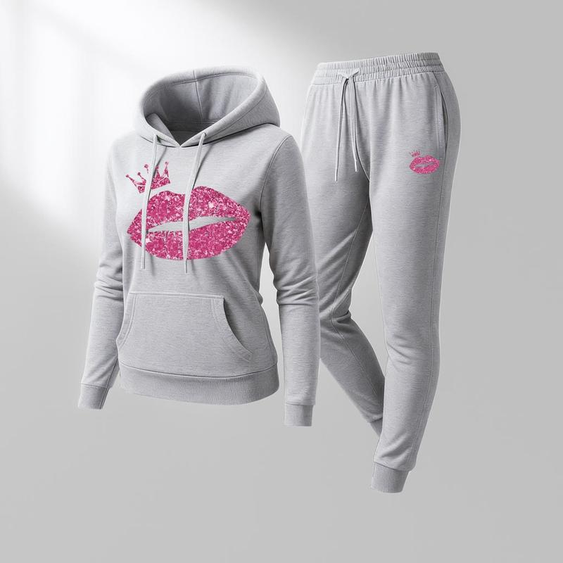 Women's Lip Crown Print Hoodie And Drawstring Track Pants Set, Casual Sportswear, Long-Sleeved Hooded Jacket And Pants, Suitable For Autumn And Winter, Everyday Wear, Indoor And Outdoor Sportswear, Casual Sportswear.