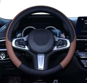 Steering Wheel Cover, Leather, Universal 15 Inch Fit, Anti-Slip & Odor-Free (Black&Brown)
