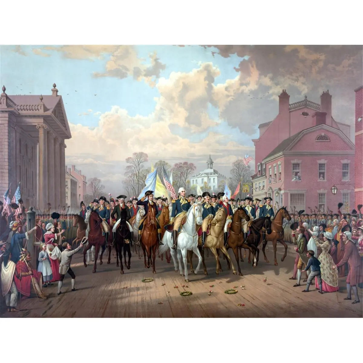 Historical George Washington Revolutionary War Wall Decor Poster Print - Digitally Restored, 32 x 24 in Large Size, Depicts Him & His Men Triumphantly Entering New York City (Nov 25,1783) with Cheering Crowds, Universal Room & Office Accent