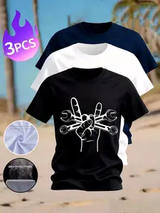 3-Pack Men's Mechanical Wrench Print T-Shirts, Casual Breathable Quick-Dry Short Sleeve Tops, Everyday Sportswear for Men