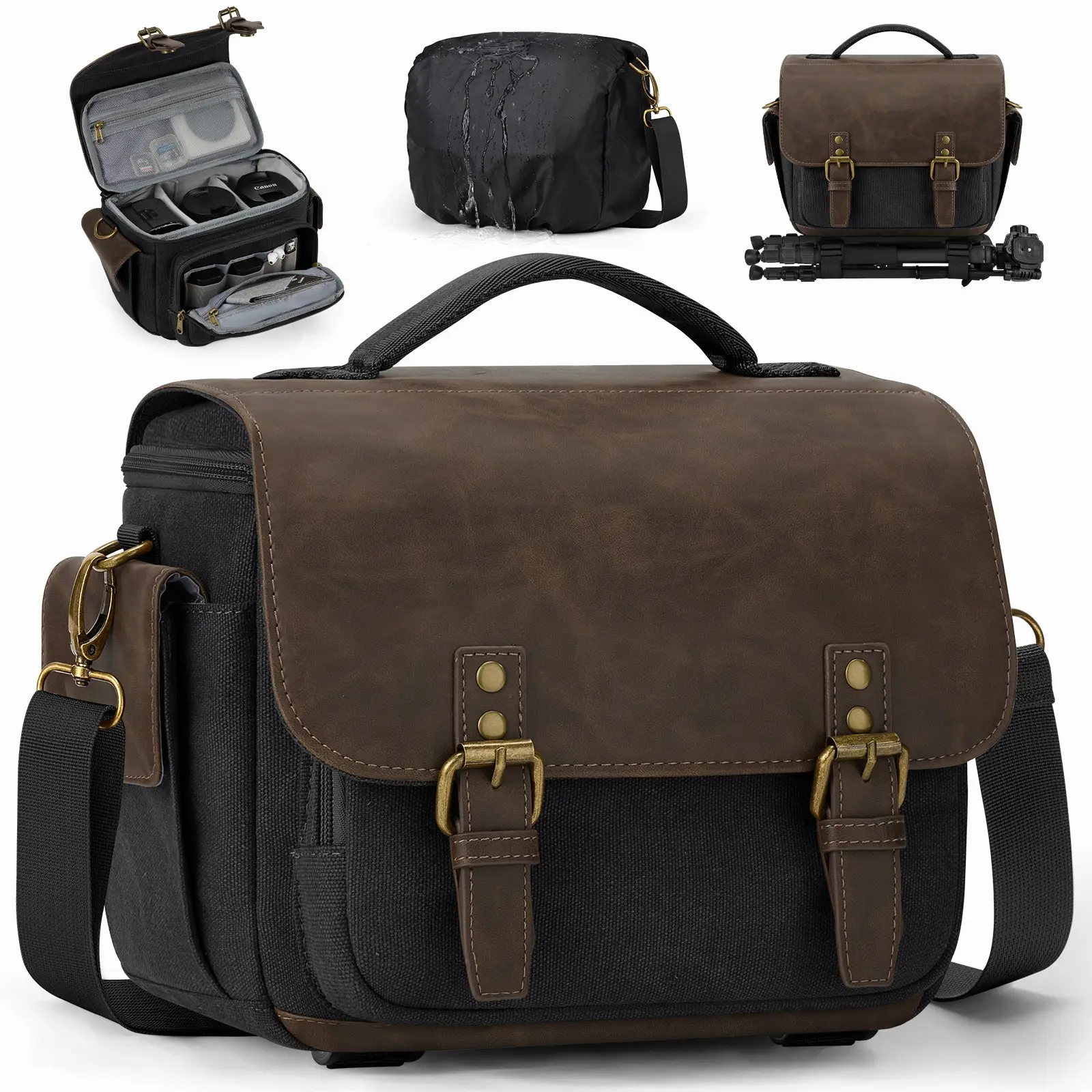 RAINSMORE Camera Bag, Vintage Canvas And Faux Leather Camera Sling Bag Small DSLR SLR Mirrorless Crossbody Camera Case for Photographers with Rain Cover And Tripod Holder, Black