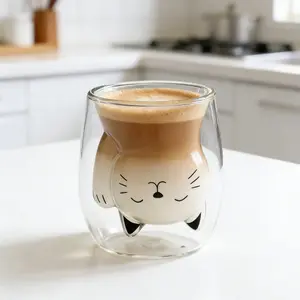 Cute Cat Tea Glass Cup, Dual-Layered Coffee Mug, Espresso Cup, Milk Cup, Personal Birthday Gift, Holiday Present, Drinkware