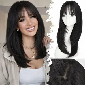 BEFUNNY 18 Inch Long Straight Layered Black Synthetic Wig with Bangs - Heat Resistant Up to 356°F, -Looking Density & Volume, Adjustable Rose Net for Women - Anime, Cosplay, Party & Daily Wear Wavy to Straight Hair Texture