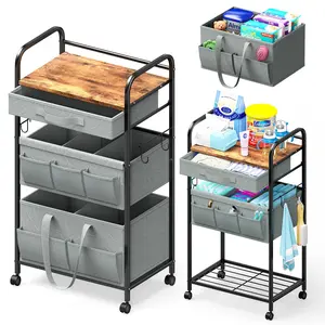 Baby Diaper Caddy Organizer Cart - 3 Tier Metal Rolling Utility Cart with Drawer & Removable Basket & Wheels - Bedside Diaper Cart for Baby Supplies Storage, Nursery, Bedroom, Bathroom