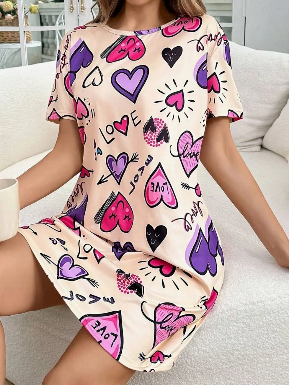 Heart & Letter Print Round Neck Short Sleeve Nightgown, Comfortable T-Shirt Pajama Dress