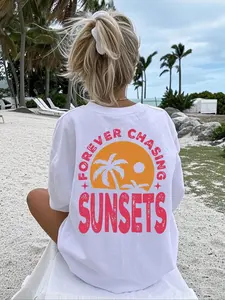 Women's Palm Tree & Letter Print Round Neck Tee, Casual Fashion Short Sleeve T-shirt for Daily Holiday Vacation Outdoor Wear, Ladies Clothes for Summer, Top, Womenswear