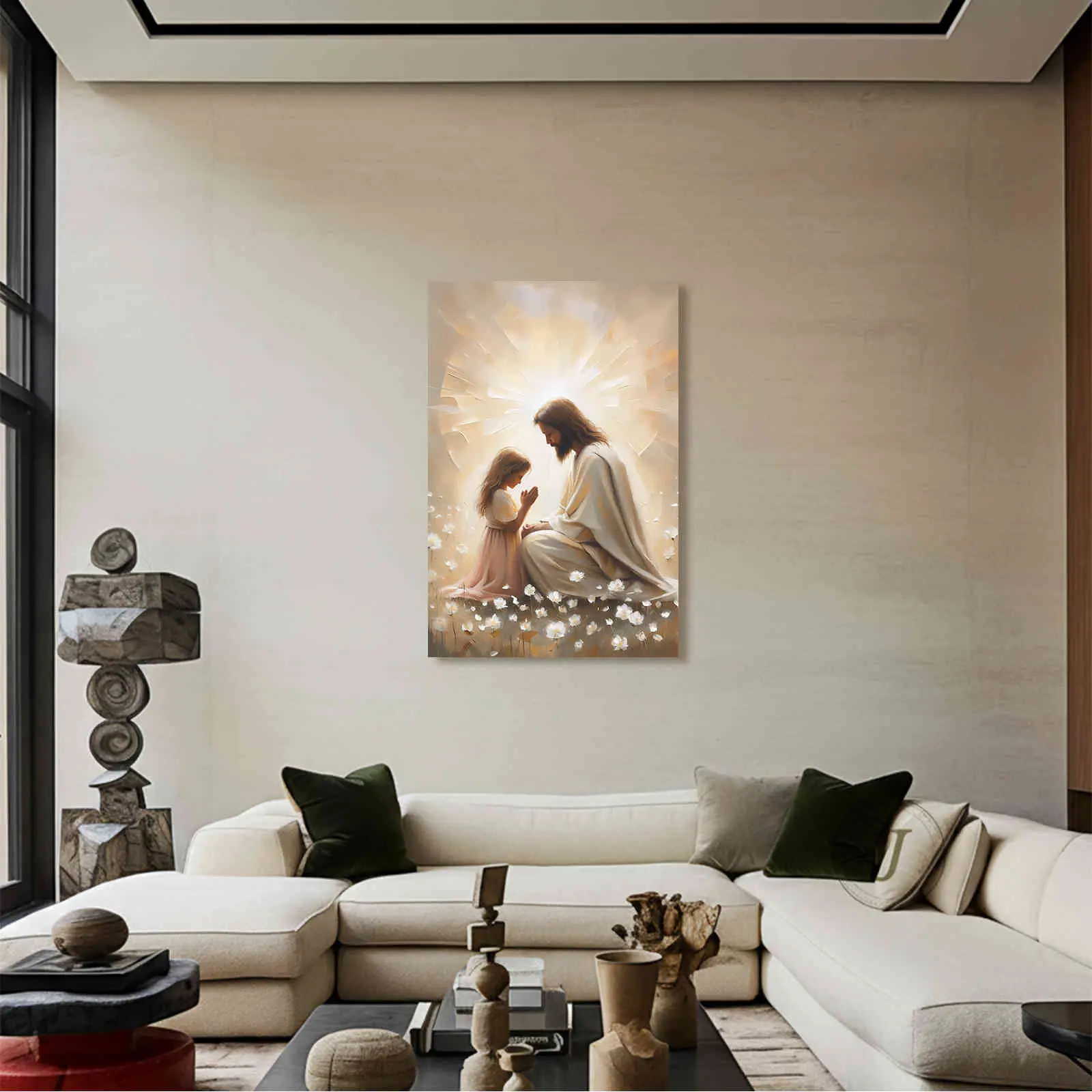 Christian Jesus & Little Girl Praying Canvas Wall Art Print, Soft Warm Oil Painting, Gallery-Wrapped Ready-to-Hang Religious Home Decor for Living Room, Perfect Gift for Family (Multiple Sizes)