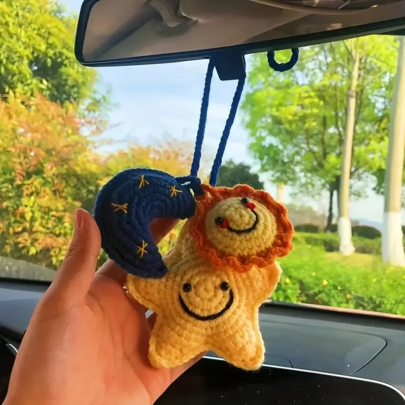 1pc Sun Moon Star Car Decor, Car Ornament, Car Interior Decoration, Car Interior Decorative, Aesthetic Car Accessory, Handmade Crochet Hanging Decorations, Unique Gift for Best Friends Birthday, Car Trinkets