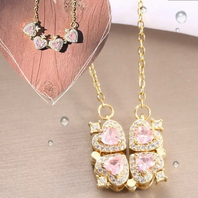 2 in 1 Four Leaf Clover Charm Lucky Necklace Heart for Women, 18K Gold Plated Pink Sapphire Charm , Open & Close Cloverleaf Heart Shape Birthstone Anniversary Jewelry for Her, Birthday Necklaces for Mother Wife Grandma BFF