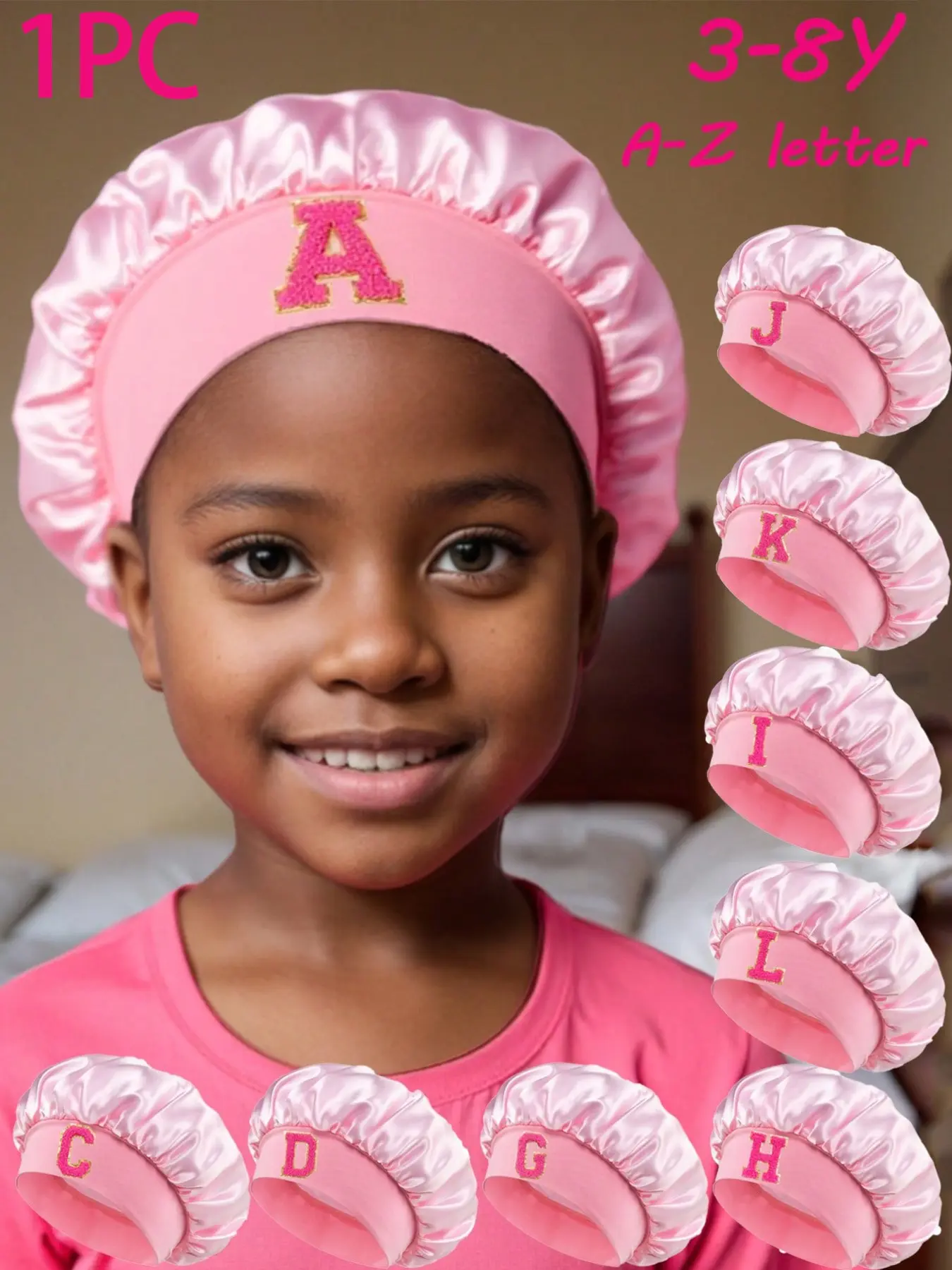 1PC Princesses! Pink Letter Embroidery Hair Care Bonnet,Anti-Hair Tangling | Kids Satin Hair Care Sleep Bonnet 3-8Y A-Z 26Letters Sleeping Bonnet Hair Cap For Sleep