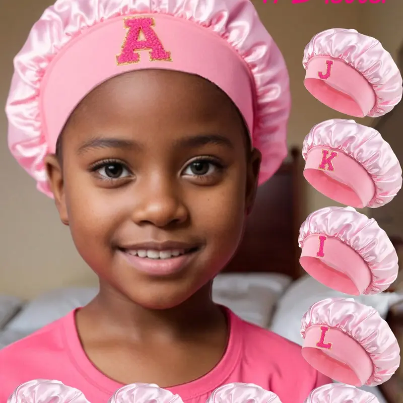 1PC Princesses! Pink Letter Embroidery Hair Care Bonnet,Anti-Hair Tangling | Kids Satin Hair Care Sleep Bonnet Bonnets For Sleeping 3-8Y A-Z 26Letters Sleeping Bonnet Hair Cap For Sleep