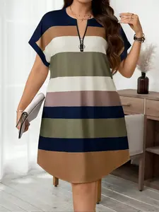 Shein Lune Women's Plus Size Slim Fit Short Sleeve Round Neck Half-Zip Summer Casual Dress, Plaid Colorblock Print