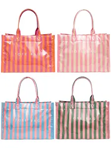 Chic Preppy-Style Large Capacity Tote Bag, Lightweight PVC Shoulderbag with Magic Tape Closure, Casual Stripes Design for All Seasons
