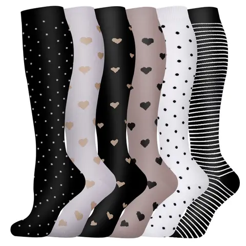 Women's Compression Knee-High Sports Stockings (6 Pairs) - Colorblock Floral Pattern, Breathable Compression Socks, Elastic Socks, Sweat-Wicking, Quick-Drying, Abrasion Resistant, Long-Lasting Support, Comfortable to Wear, for Running, Cycling
