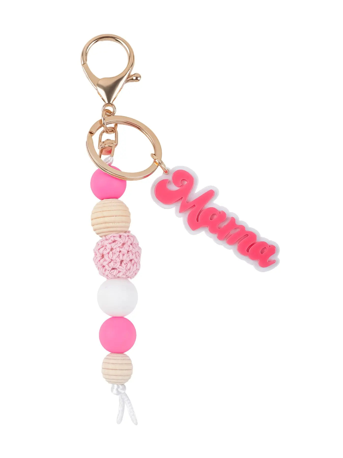 Mama Beaded Keychain for Women, Pastel Silicone, Wooden & Crochet Beads, Acrylic Text Charm, Bag & Backpack Accessory, Perfect Gift for Moms, Soft Keychains