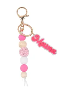 Mama Beaded Keychain for Women, Pastel Silicone, Wooden & Crochet Beads, Acrylic Text Charm, Bag & Backpack Accessory, Perfect Gift for Moms