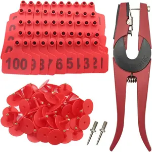 001-100 Numbered Plastic Cattle Ear Tags Livestock Animal Tag Applicator Kit for Cows Red