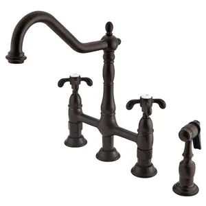 French Country Bridge Kitchen Faucet with Brass Sprayer French Country Bridge Kitchen Faucet with Brass Sprayer