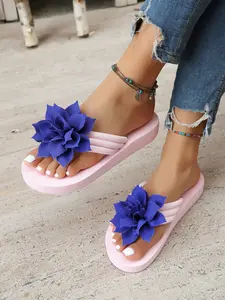Summer New Thick Sole Floral Sandals for Women, Outdoor Flat Beach Slippers, Anti-Slip Rubber Soles, Casual Toe Thong Shoes