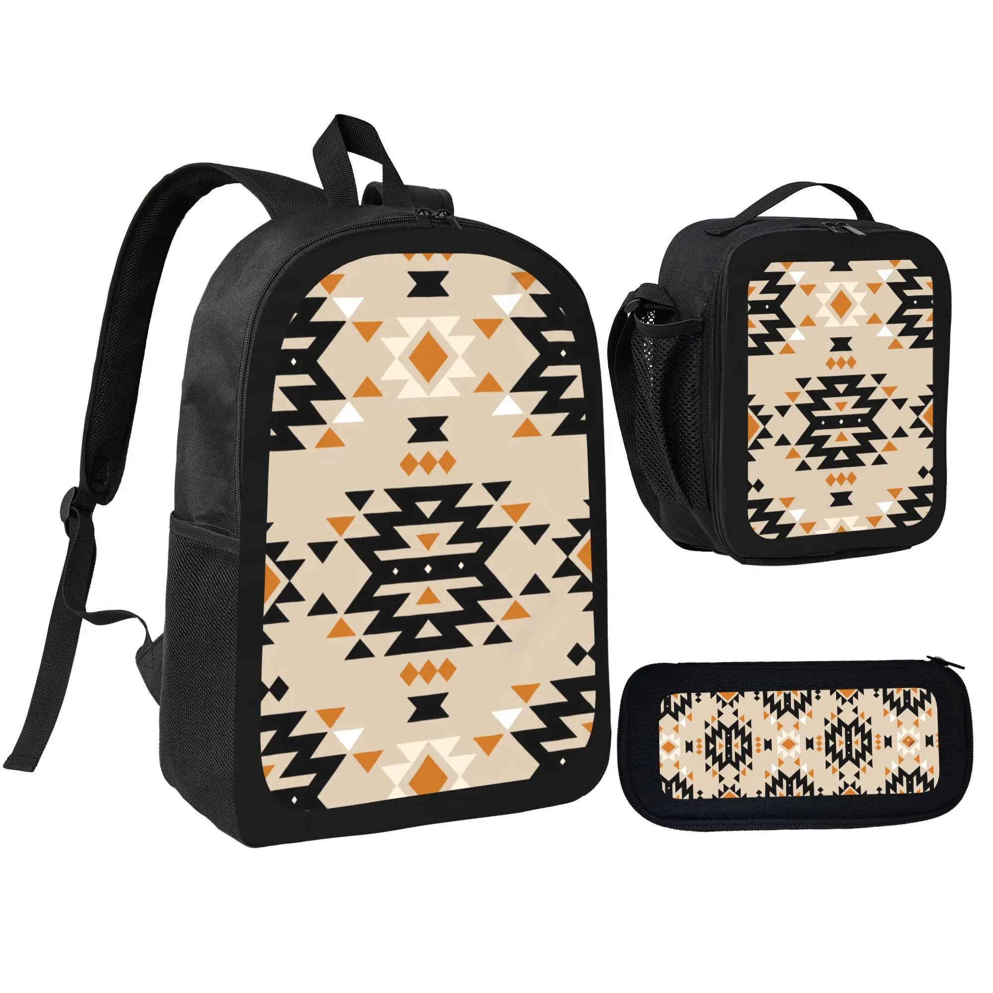 Southwestern Geometric Pattern Backpack Set 3 In 1, Boho Ethnic Tribal Style School Backpack + Insulated Lunch Bag + Pencil Case, 600D Oxford Neutral Aesthetic School Supplies For Kids Teens