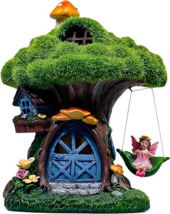 Fairy House Outdoor Statues with Solar Light for Garden Decor, Green Moss  Outdoor Cottage with Swinging Fairy, Lawn Ornaments Yard Decor Gifts for Mom Women, 8"