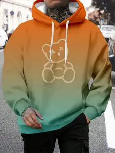 Men's 3D Bear Print Hoodie Sweatshirt, Patchwork Design, Soft Comfortable Long Sleeve Pullover, Casual Winter Wear
