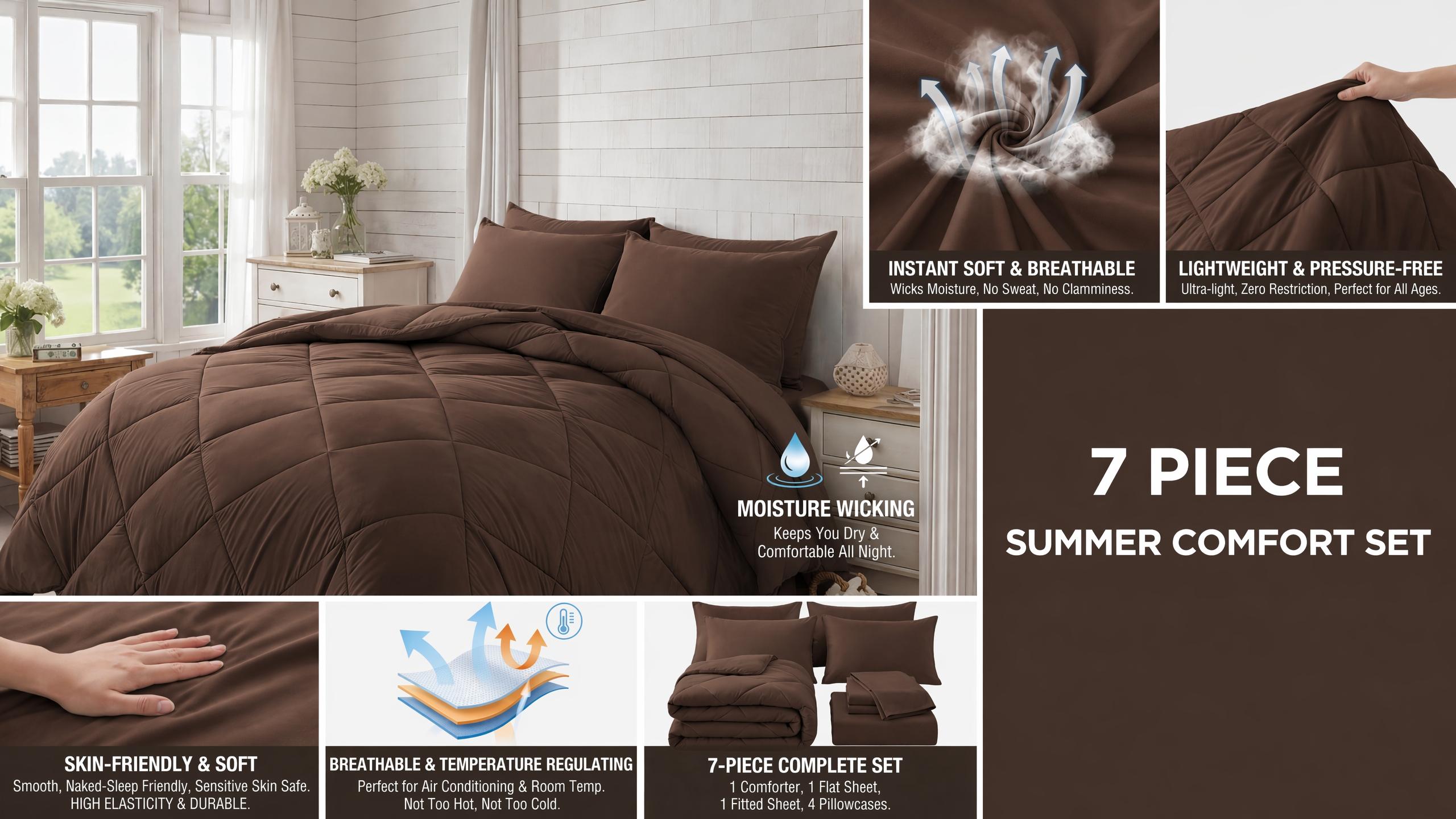 7 Piece Comforter Set Queen/King/Full Size, Solid Color Ultra Silky Wrinkle Free Complete Bedding Set With 1 Comforter, 1 Flat Sheet, 1 15" Deep Pocket Fitted Sheet, 4 Pillowcases, Moisture Wicking Soft Bed Set #halloweenfinds #tiktokshopbacktoschool