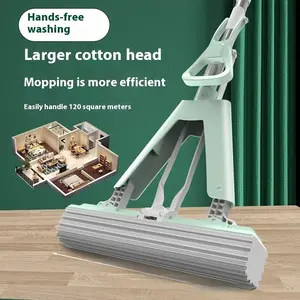 Double-headed sponge mop with powerful pumping system - a must for easy cleaning in home, office, kitchen and bathroom - modern home improvement durable design, water saving and environmental protection