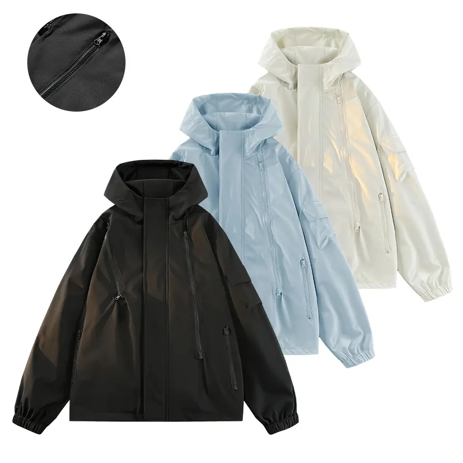 Men’s hooded windproof jacket, casual multi‑zip cargo outerwear for outdoor use, lightweight, wear‑resistant, waterproof, loose fit